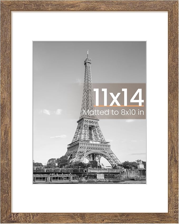 upsimples 11x14 Picture Frame, Display Pictures 8x10 with Mat or 11x14 Without Mat, Wall Hanging Photo Frame, Rustic Brown, 1 Pack