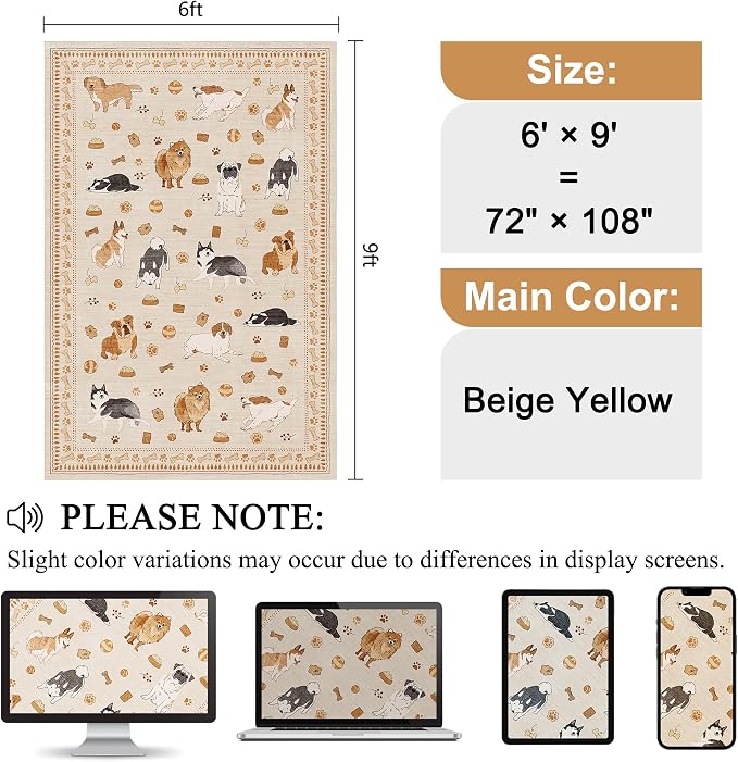 DUKINO 6x9 Washable Dog Area Rug for Living Room Non Slip, Beige Yellow | Non-Shedding, Stain Resistant, Soft Animal Carpet for Bedroom Kids Playroom Nursery Dining Room Farmhouse, Pet & Kid Friendly