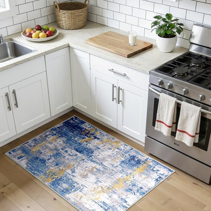 RELEANY Washable 3'x4' Abstract Area Rug for Living Room Blue Gold | carpet for bedroom, kitchen, office, hallway and entryway, printed pattern, non-slip, soft, stain-resistant, easy to clean