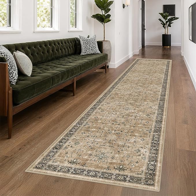 Boho Washable 3x10 Extra Long Runners for Hallways, Earthy Sage Taupe Kitchen Runner Rug, Vintage Entryway Indoor Rug, Non-Slip Stain Resistant Low Pile Throw Rug