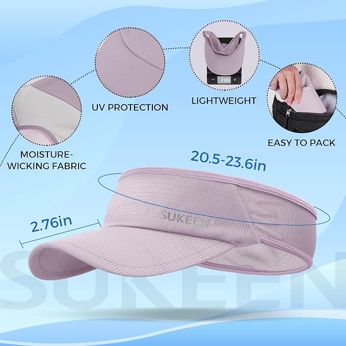 Sukeen Lightweight Sports Sun Visor Hat for Men Women | Packable, breathable, quick-dry, UPF50+ cooling visor hat, stretch fit, for running, tennis, golf, pickleball, softball