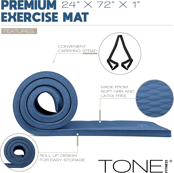 Tone Fitness 1-Inch Thick Yoga Mat | High-Density, Non-slip Exercise Mat with Carrying Strap for Yoga, Pilates, & Home Gym Workouts | Multiple Options