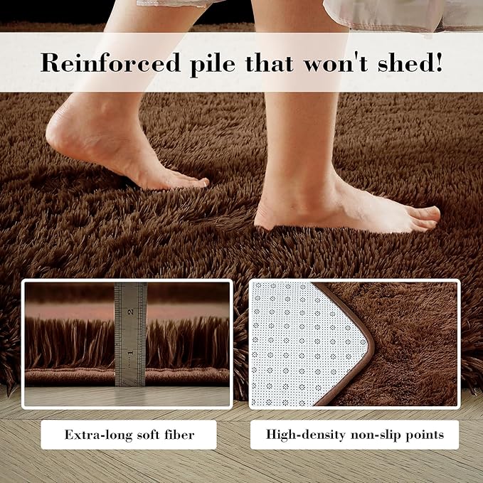 yongyangjuxin Fluffy Rug Shag Area Rug, Brown 8x10 Area Rugs for Living Room, Large Shag Area Rugs for Bedroom Room Home Decor, Upgrade Anti-Skid Rectangular Fuzzy Rugs