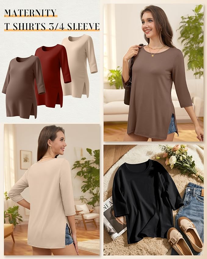 3 Pack Women's 3/4 Sleeve Maternity Shirts Elbow Length Clothes Round Neck Tunics Pregnancy Loose Side Split Tops