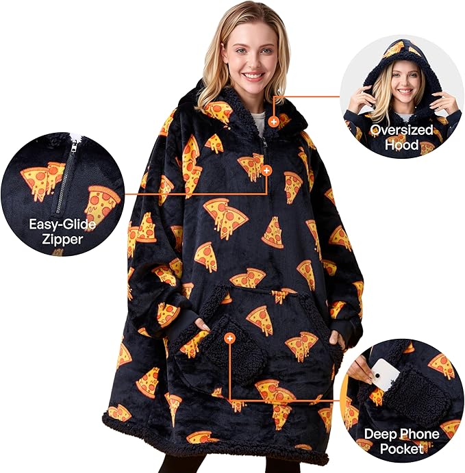 Giggling Getup Wearable Blanket Hoodie for Adults Gifts for Teen Girls Sister Women Sherpa Fleece Printed Hooded Blanket Sweatshirt Warm Cozy with Pocket & Sleeves Black Pizza