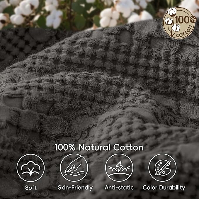 PHF 100% Cotton Waffle Weave Throw Blanket, Lightweight Breathable Summer Blanket for Couch Sofa, Pre-Washed Soft Throws for Bed, Office, Travel & Stylish Home Decor, 50"x60", Charcoal Grey