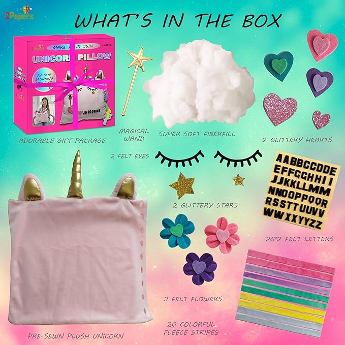 Unicorn Pillow Kit Arts and Crafts for Girls 3 4 5 6 7 8 9 10 11 12 Years Old (No Sew), DIY Unicorn Craft Supplies Plush Toy Stuffed Pillow, Best Kids Easter Present for Little Girls