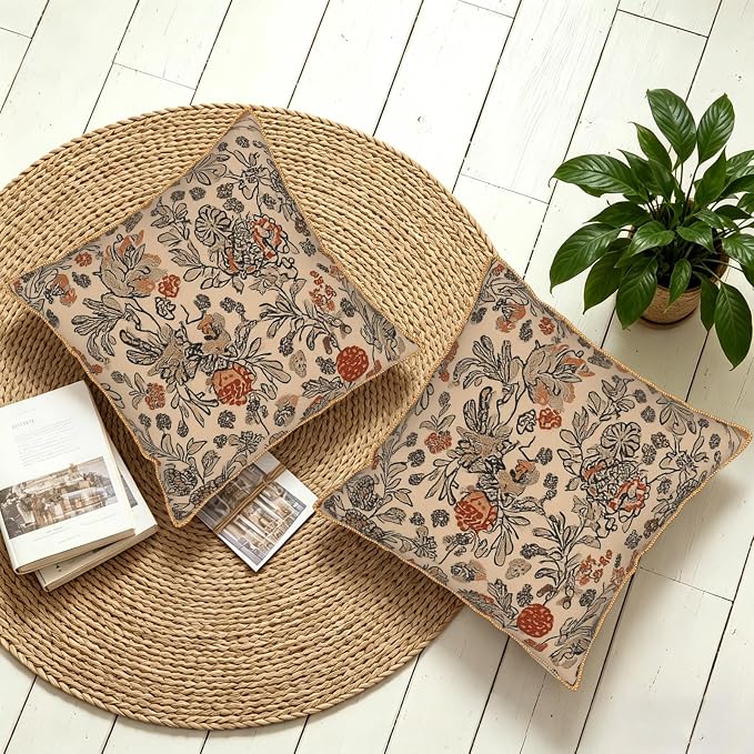 KSLIDS Art Boho Floral Soft Velvet Throw Pillow Covers Set of 2 Beige Rust Botanical Flowers Decorative Pillow Covers 18x18 Inch Farmhouse Vintage Pillow Case for Sofa Couch Living Room Home Decor