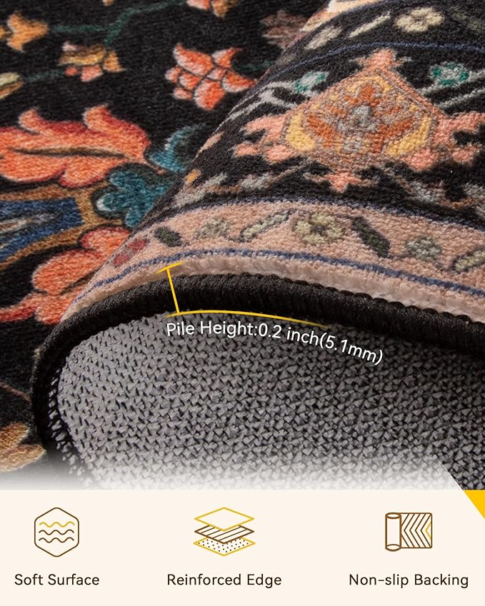 RELEANY Area Rugs Large 10'x12' Washable Non-Slip, Floral Vintage Distress Medallion Carpet for Living Room Bedroom Dining Room, Black Colorful Floral Dark Tan