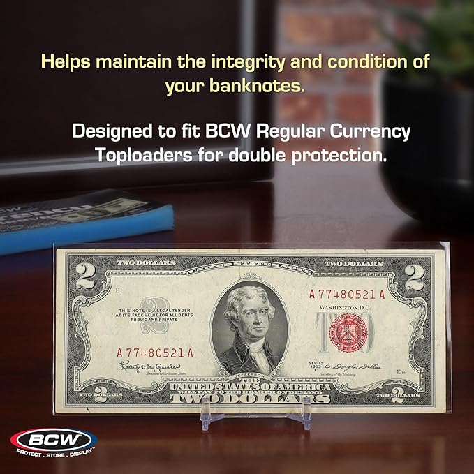 BCW Regular Bill Currency Sleeves – 100 Pack | Thin, Low-Bulk, Acid-Free Polypropylene Sleeves for US Paper Currency | Clear Protective Sleeves for Handling