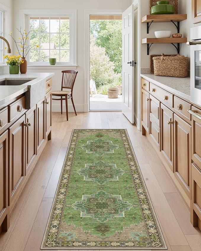 AMADA HOMEFURNISHING 2x6 Runner Rug, Vintage Non-Slip & Low-Pile Kitchen Area Rug for Hallway Bathroom Door Mat Indoor Entrance, Green