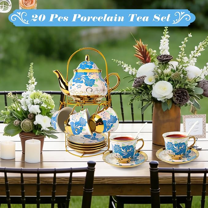 20Pcs Porcelain Tea Set with Metal Holder, European Ceramic Tea Set for 6 People, Vintage Flower Teapot Cup and Saucer Spoon Set, Complete Gift Set for Wedding, Bridal Shower, Afternoon Party (Pink)