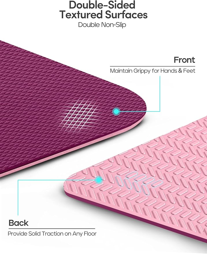 Heathyoga Yoga Mat Non Slip TPE Pilates Exercise Mats for Home Workout Gym Fitness Eco Friendly Thick Hot Yoga Mat with Strap Body Alignment,72"x 26" Thickness 1/4"