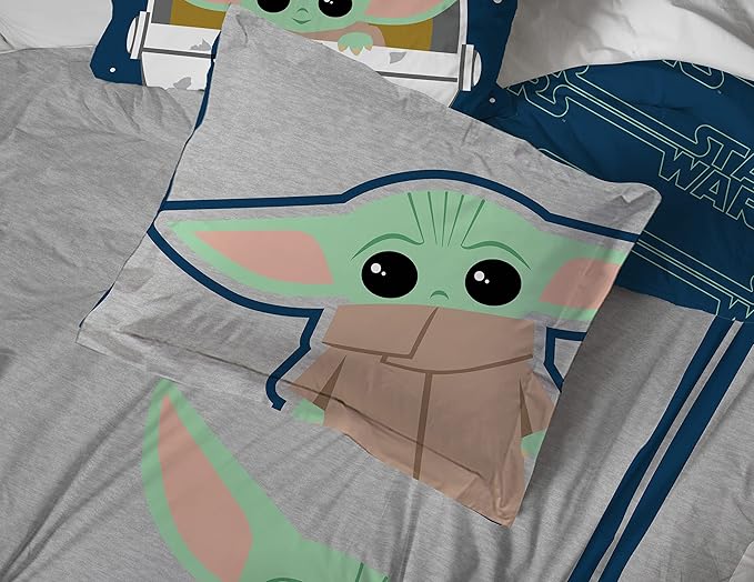 Jay Franco Star Wars The Mandalorian Hello Grogu 7 Piece Full Size Bed Set - Includes Comforter & Sheet Set - Super Soft Kids Bedding Fade Resistant Microfiber (Official Star Wars Product)
