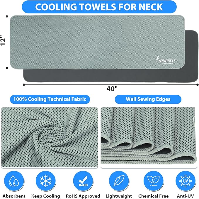 SYOURSELF Cooling Towels for Neck and Face, 4 Pack 40" x 12" Cooling Towel for Hot Weather, Soft Breathable Instant Cool Chilly Pad for Sports Golf Yoga Gym Athletes Camping Ice Towels(Grey)