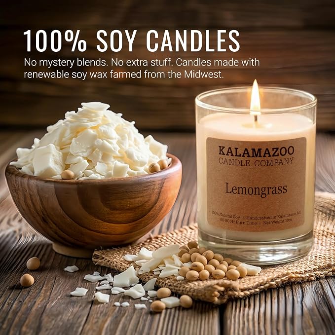 Kalamazoo Candle Company Hand-Poured Soy Wax Candle – 10oz Classic Jar, 60-80 Hour Burn Time – Made in USA, Highly Scented, Phthalate-Free (Lemongrass)