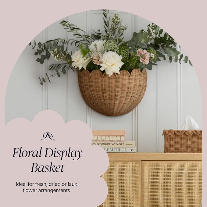BEBE BASK Scalloped Wicker Wall Basket - The Original - 16 x 10 x 7 In | Handwoven Basket, Scalloped Décor Wall Hanging Baskets, Hanging Wall Basket, Rattan Wall Storage Basket for Home (Mocca)