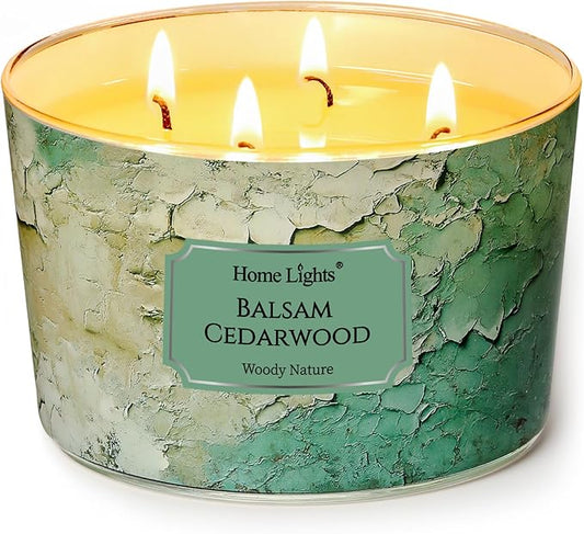 HomeLights Balsam Cedarwood Scented Candles | 18oz Soy Candles Industrial Chic 4-Wick Large Candle Jars | Ideal Candle Gifts for Events, Home Decor Stress, Relief & Relaxation