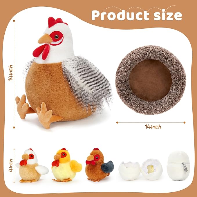 MaoGoLan 8Pcs Chicken Stuffed Animals, Stuffed Laying Hen Chicken Plush Toys with 3 Babies Chickens and 3 Eggs,1 Nest House Plush Set, Cute and Soft Farm Stuffed Animals Gift for Kids,Girls,Boys,White