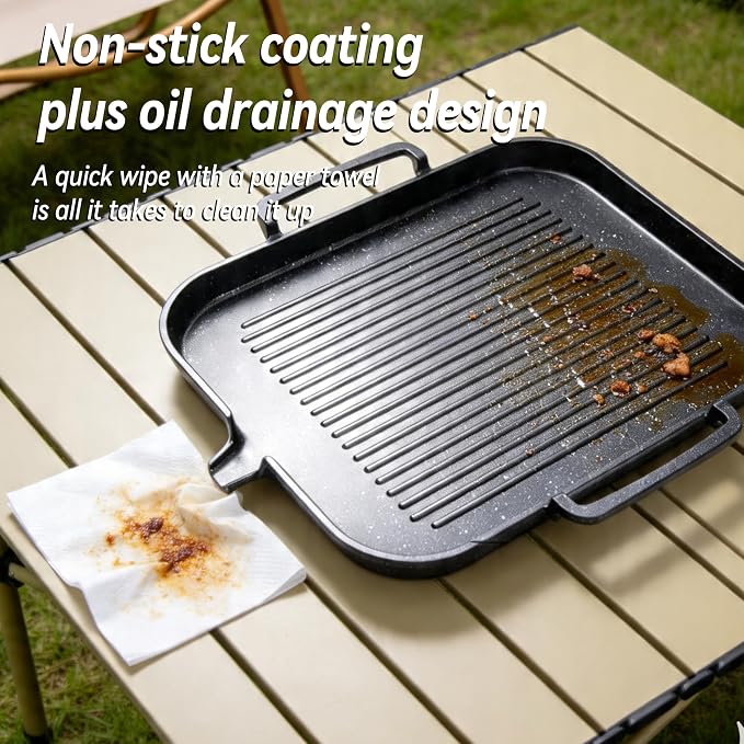 Nonstick Korean BBQ Grill Pan, Square | Marble nonstick square griddle for 3-5, fits gas,induction,stovetop, oil drain, gloves, easy clean BBQ, indoor