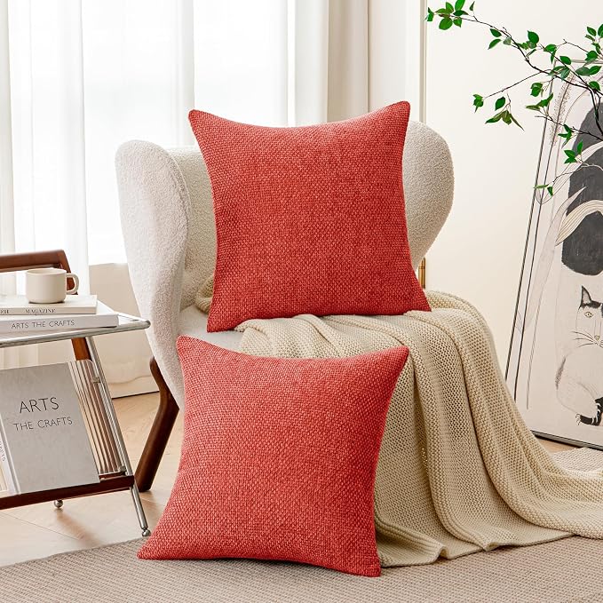 a moment Red Chenille Throw Pillow Covers 18x18 Inch Pack of 2 Modern Decorative Throw Pillow Covers Farmhouse Cross Covers Home Decor for Sofa Bedroom Living Room