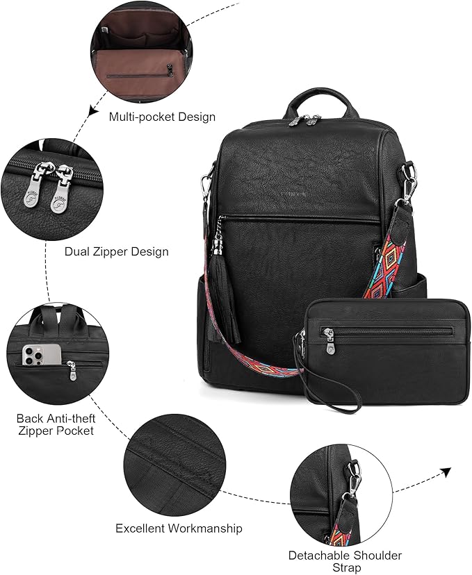 FADEON Leather Backpack Purse for Women Designer Travel Backpack Purses PU Fashion Ladies Shoulder Bag with Tassel