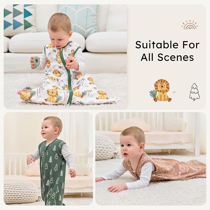 Baby Sleep Sack 0-6 months, 100% Cotton Sleeping Sack for Newborn and Infant, 3 Pack Baby Wearable Blanket, 0.5 Tog Lightweight Double Zipper Sleep Bag Small Brown Green Lion