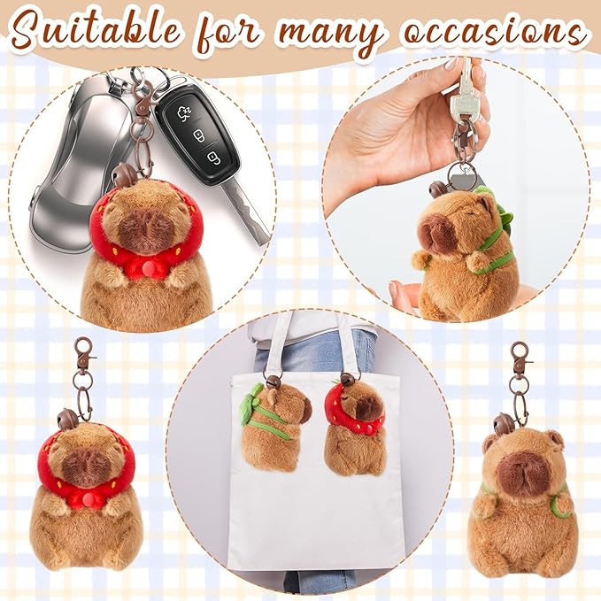 2 Pcs Capybara Plush Keychain Capybara Stuffed Animals Plush Pendant for Christmas Gifts Exchange Birthday Party(Turtle Bag, Strawberry Hood)