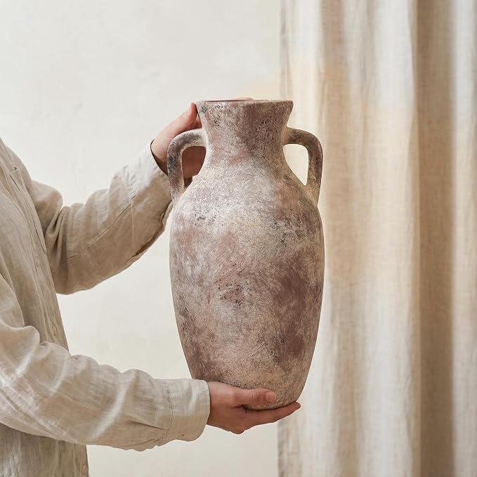 Ceramic Flower Vase with Handles,12" Neutral Tall Clay Terracotta Vases Farmhouse Table Vases with Handle Living Room Decor Rustic Pottery Pots for Home Shelf Coffee Dining Desk Fireplace