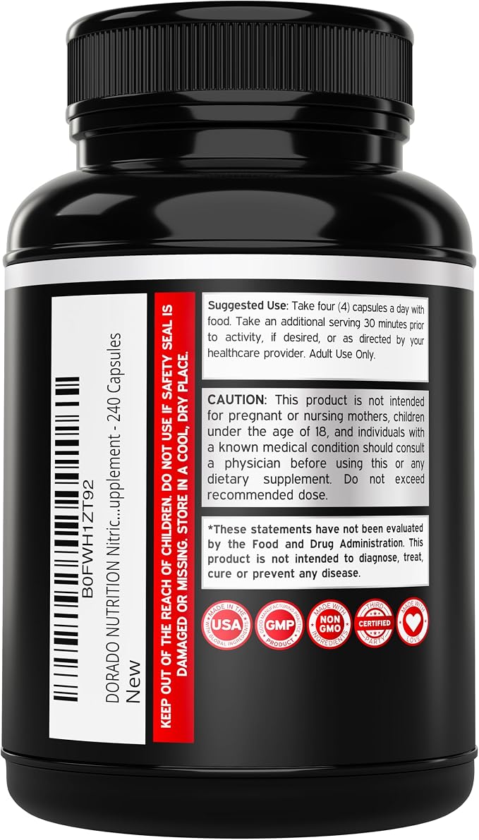 Nitric Oxide Supplement for Men (240 Count) L Arginine L Citrulline 3000mg - Stamina, Endurance, Performance for Workouts - NO Supplements for Men - Gluten Free, Non-GMO (240 Vegan Capsules)