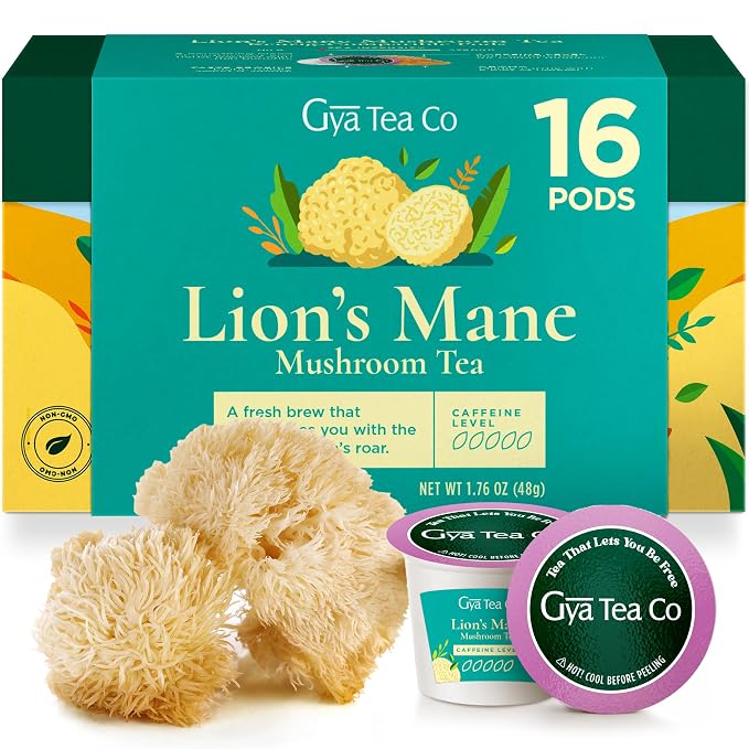 Gya Tea Co Lion's Mane Mushroom Tea Gift Set (16 Count) - Decaf Tea Pod for Lovers Get Well Gifts - Manually Harvested - Enjoy Hot or Iced