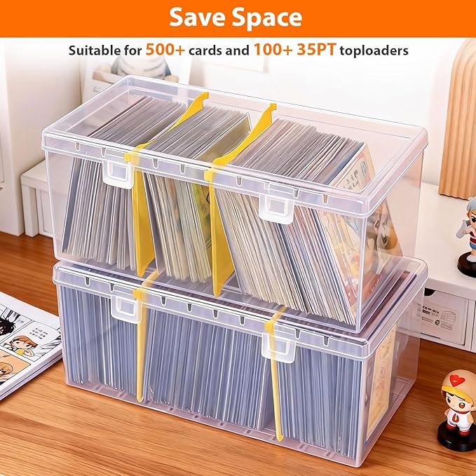 SAMYUCHO Trading Card Storage Box with 2 Dividers for 500 Sports Cards, Plastic Bulk Display Holder Collection Organizer Cases Container Fit for Baseball Football Playing Game Magic Cards 2 Pcs