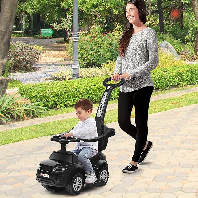 GLACER Push Cars for Toddlers 1-3, 3-in-1 Kids Sliding Car with Detachable Guardrail, Horn, Music, Lights, Storage Box and Anti-Roll Design, Ride on Push Car for Boys Girls (Black)