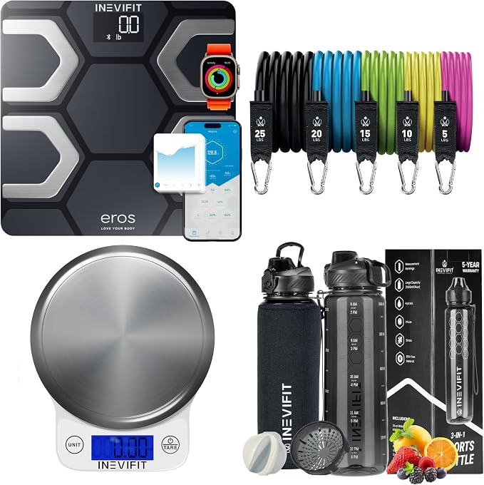 INEVIFIT Ultimate Wellness Bundle, Eros Smart Body Fat Scale, Kitchen Scale, Water Bottle & Resistance Band Set for Complete Health Tracking