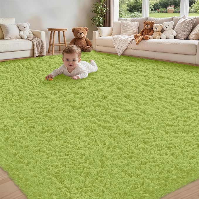 8x10 Area Rug for Living Room:Ultra Soft Fluffy Shag Light Green Rugs,Large Fuzzy Plush Indoor Non Slip Carpet Washable Rug for Bedroom Kids Nursery Office Dorm Modern Decor(Grass Green 8'x10')