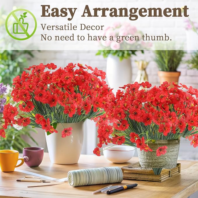ColoPlay 24 Bundles Red Artificial Flowers for Outdoors, Fake Flowers | Fake Plants Outdoors, UV Resistant Faux Flowers for Indoor Outside Garden Porch Window Box Home Wedding Farmhouse