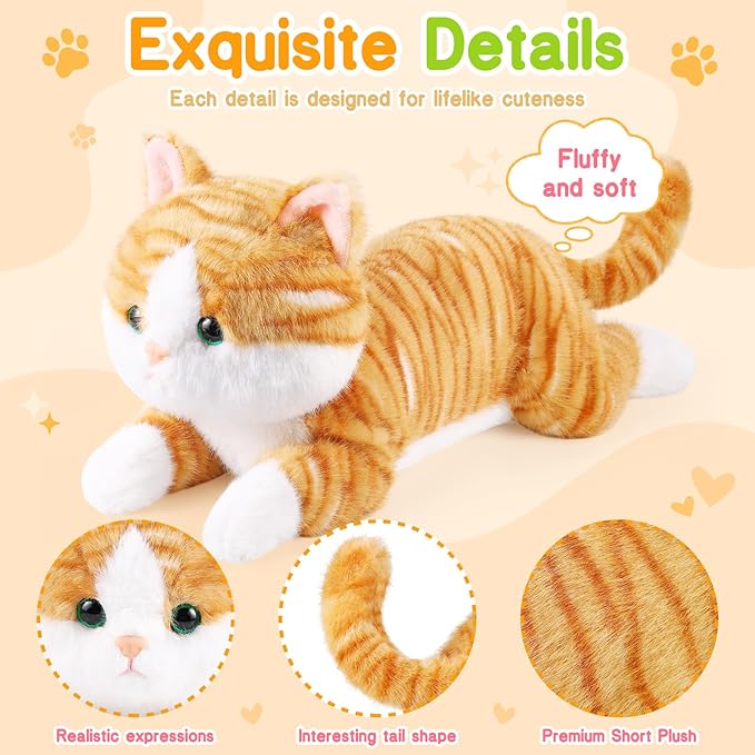 17.8 Inch Cat Plush Stuffed Animal Long Cute Cats Pillow Soft Doll Stuffed Cute Toys Animals Lover Gift Kid Birthday Holiday Party Favor(Yellow Cat)