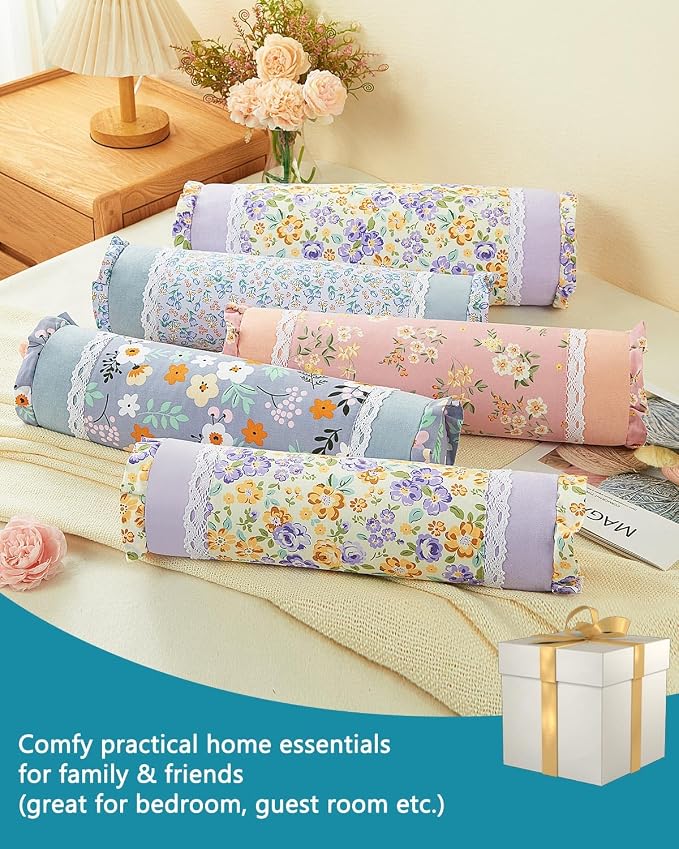 Buckwheat Hull Neck Roll Pillow -15.7" x4.7” Adjustable Firmness Cervical Support for Sleep & Yoga, Cooling Floral Cotton Cover, Ergonomic Bolster Pillow, Blue