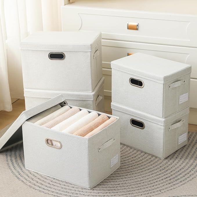 Collapsible Storage Bin with Lid [5-Pack] Fabric Foldable Storage Box Organizer Container Basket Cube with Cover for Home Bedroom Closet Office Beige(15.3x10x9.7)