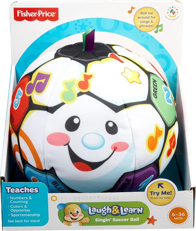 Fisher-Price Baby Learning Toy Laugh & Learn Singin’ Soccer Ball Musical Plush with Sounds & Phrases for Infants Ages 6+ Months