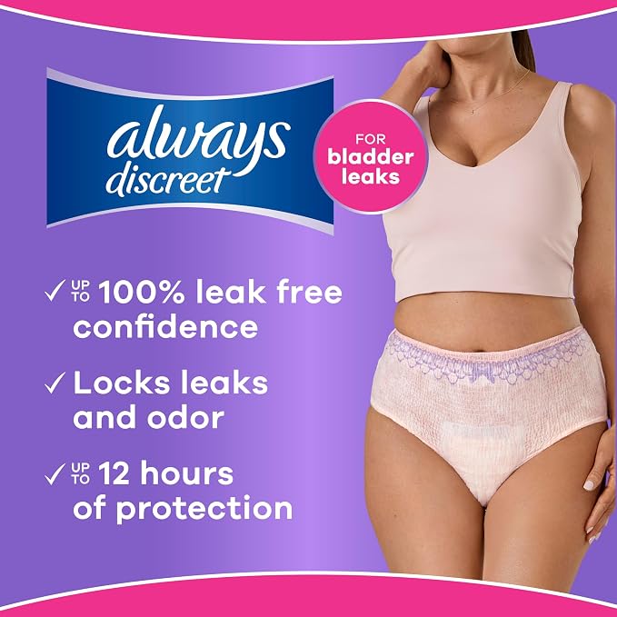Always Discreet Reimagined Adult Diapers for Women, Maximum Absorbency Incontinence and Postpartum Underwear Size 3X+, Up to 100% Leak Free Bladder Leak Protection, 52 Count