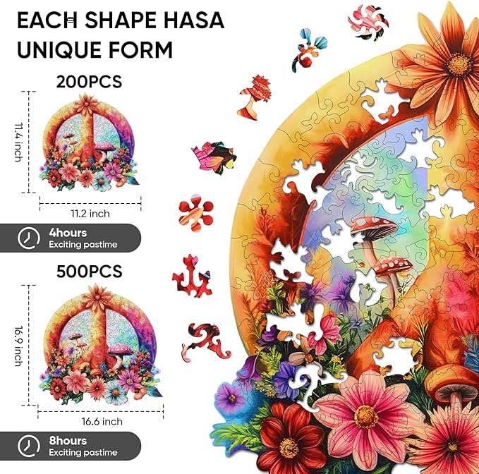 Ixfyloop Flower Wooden Puzzles for Adults, Peace Symbol Jigsaw Puzzles, Unique Shape Adult Puzzles 200pcs, Wood Puzzles Gift for Adults and Kids Family Brain Games 11.2x11.4 inch