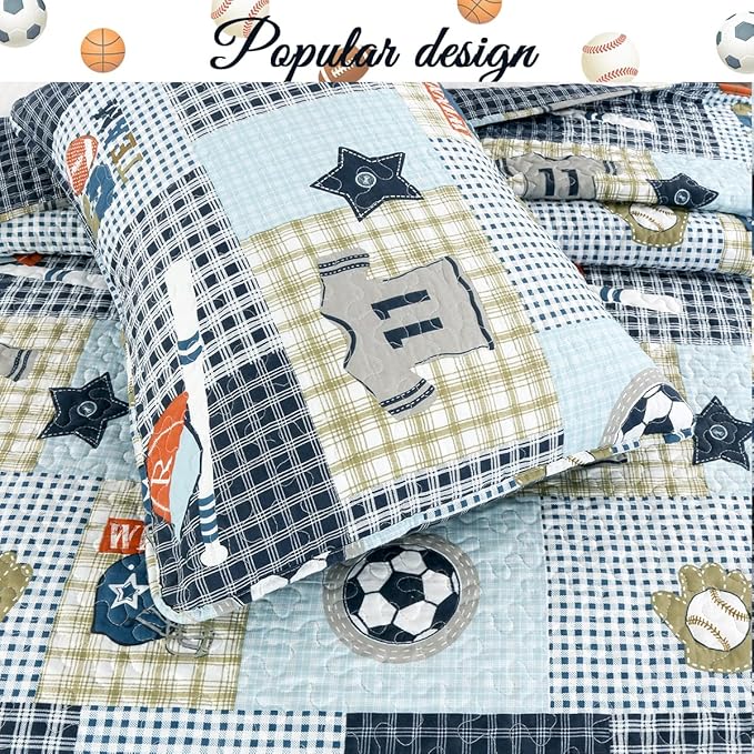 Cozy Line Home Fashions Blue Sports Baseball Basketball Soccer Ball Football Quilt Set Bedspread Coverlet for Boys Kids (Sport, Queen - 3 Piece)