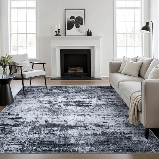 6x6 Area Rug Living Room Rug: Washable Modern Abstract Soft Thin Rug Indoor Floor No Slip Stain Resistant Carpet for Bedroom Dining Room Farmhouse Nursery Home Office - Black