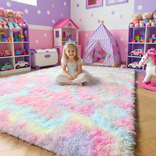 Amdrebio Rainbow Unicorn Large Area Rug 9x12 for Living Room Girls Bedroom | Fluffy Shag Soft Cute Pastel Kids Carpet, Classroom Playroom Nursery Decor, Cutecore Kidcore Aesthetic, Baby Toddler Corner