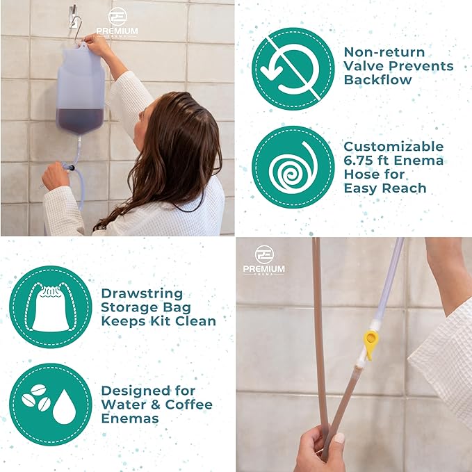 Premium Enema Kit 2 Quart Clear Silicone Bag for Enemas for Colon Cleanse for Women and Men - 6.75 Foot Hose, 7 Tips, Reusable Enema Kit