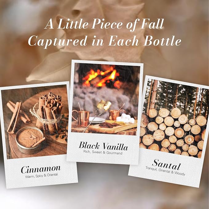 JCLOUD Fall Essential Oils for Diffusers for Home, Autumn Scented Fragrance Oils Gift Set, Incl. Black Vanilla, Cinnamon & Santal Aromatherapy Diffuser Oils - Spicy, Woody & Oriental Scents, 6 * 10mL