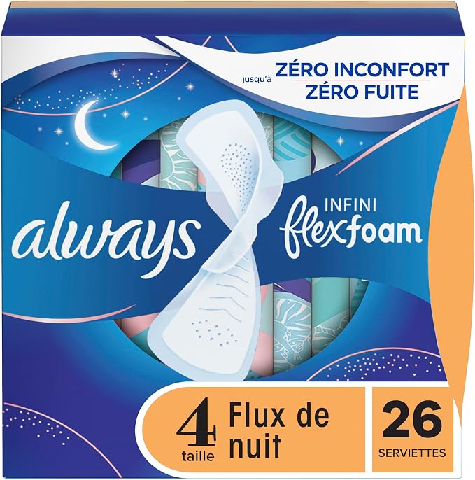 Always, Infinity With FlexFoam Pads For Women, Size 4, Overnight Absorbency With Wings, 26 Count