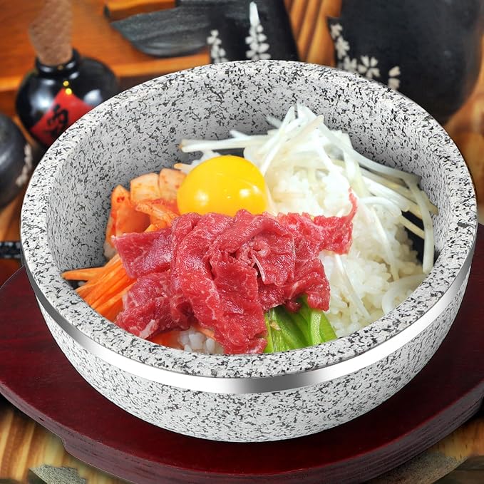 2 Pack Granite Stone Bowl 32 oz, Dolsot Pot with Wood Base for Cooking and Serving Korean Bibimbap, Soup, Rice, Ramen, Stew
