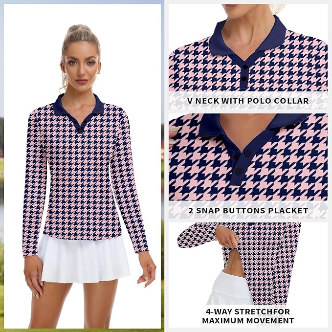 Soneven Womens Golf Shirts Moisture Wicking V Neck Long Sleeve Polo Shirts Collared Tops